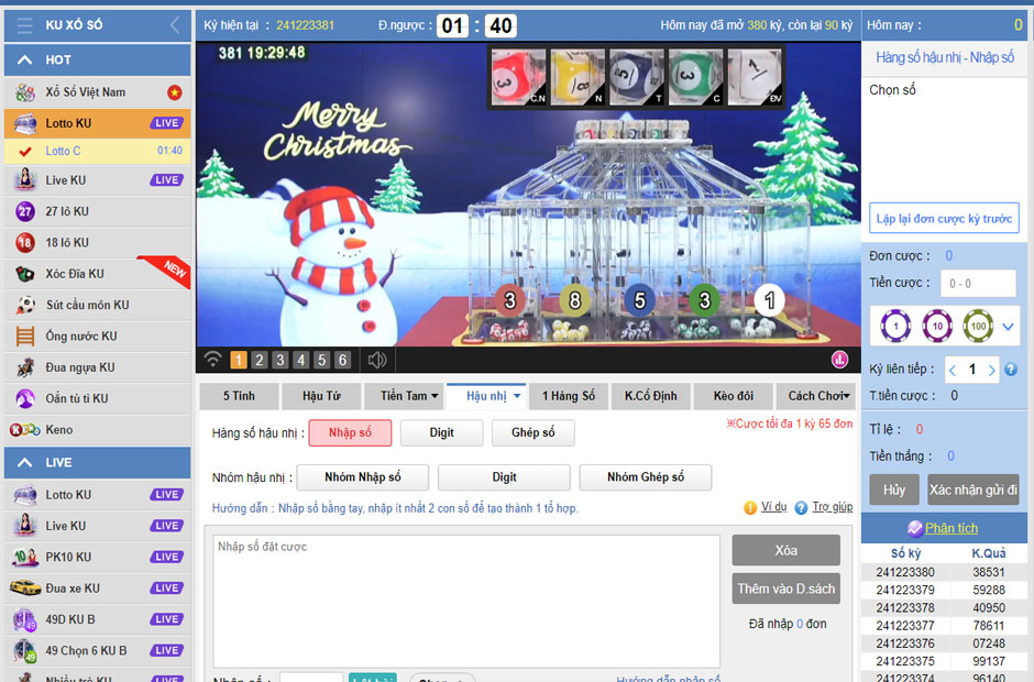 Trò chơi được Live tại sảnh xổ số